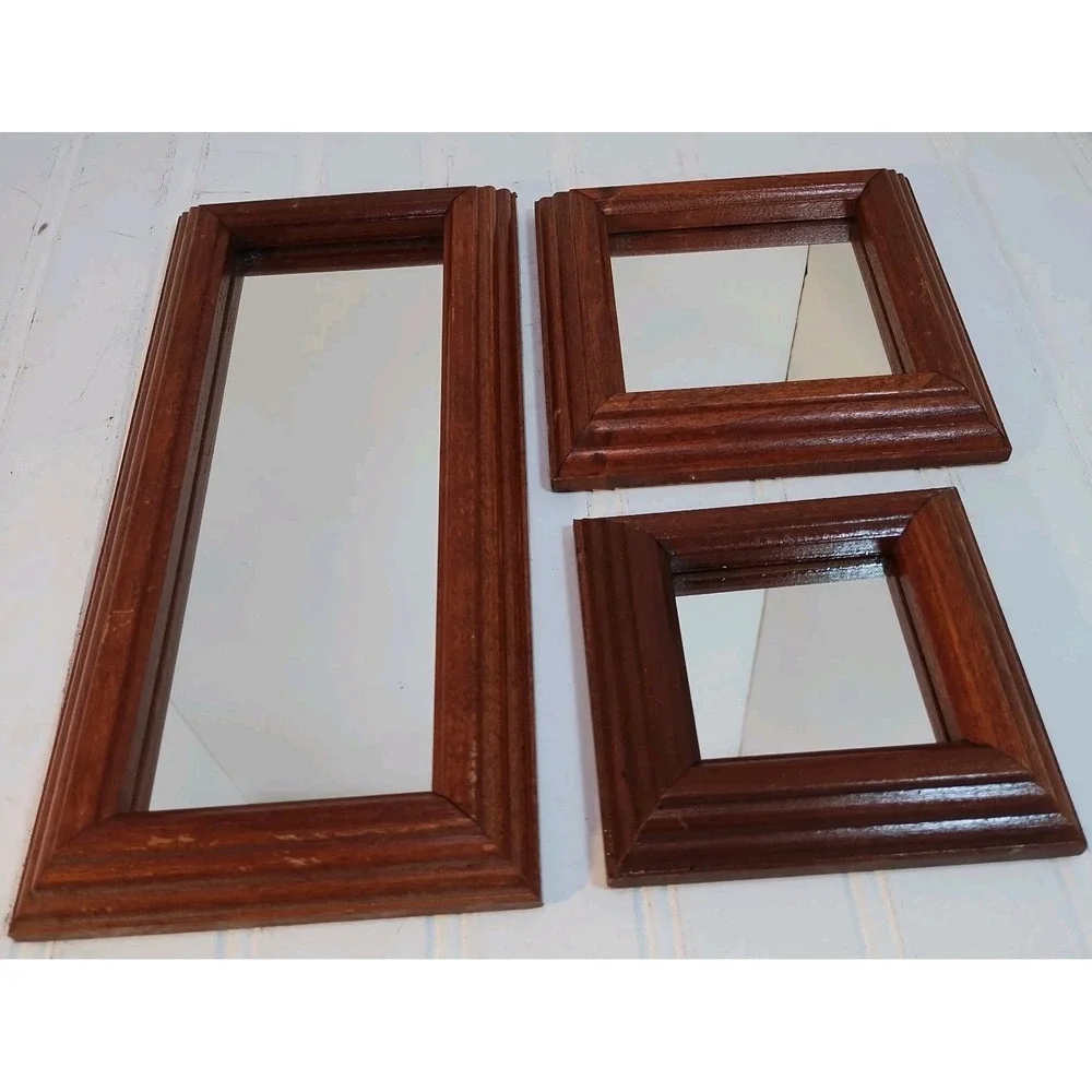 3 Vintage Homco Wood Wall Mirrors 10x5 Rectangular 4x4 5x5 Square MCM Farmhouse